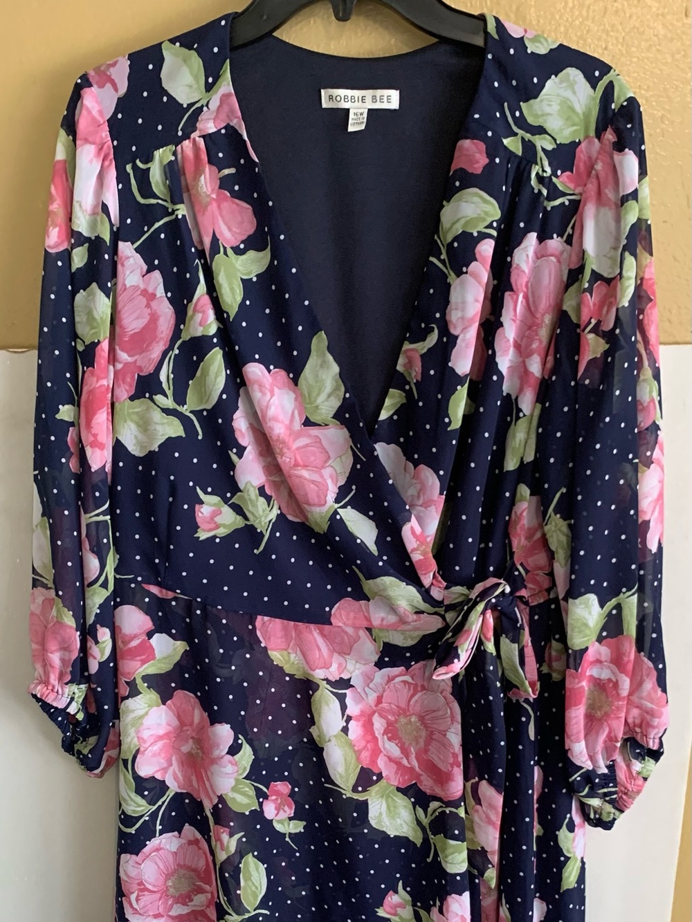 Robbie Bee Navy Floral Wrap Midi Dress with Pink Roses